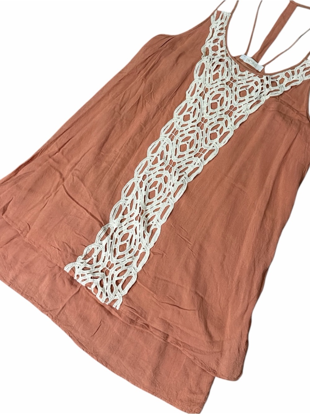 ENTRO Rust Crochet-Front Sleeveless Double Lined Dress